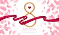 8 March - International women\'s day greeting card. Golden number eight  ruby heart  red painting ribbon  and pink petals. Royalty Free Stock Photo